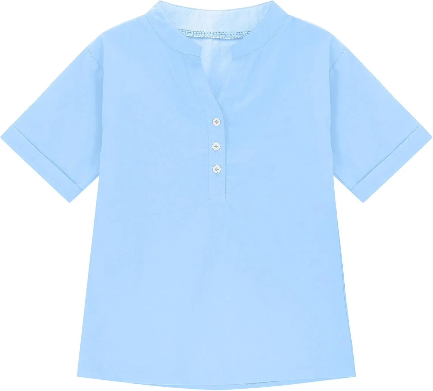 5-15T Baby Girls Linen Shirts Fashion Solid Color Short Sleeves V-Neck T-Shirts Soft Comfy Summer Blouse Tops