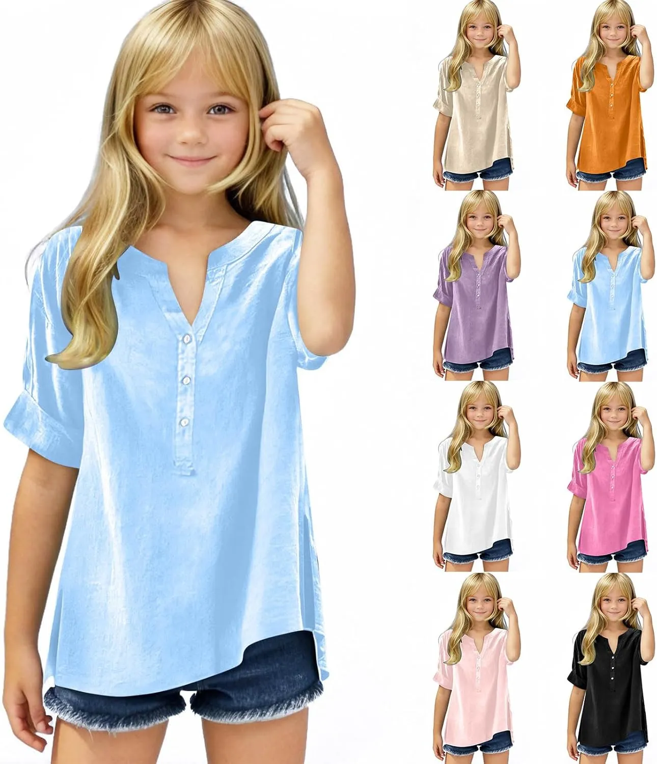 5-15T Baby Girls Linen Shirts Fashion Solid Color Short Sleeves V-Neck T-Shirts Soft Comfy Summer Blouse Tops