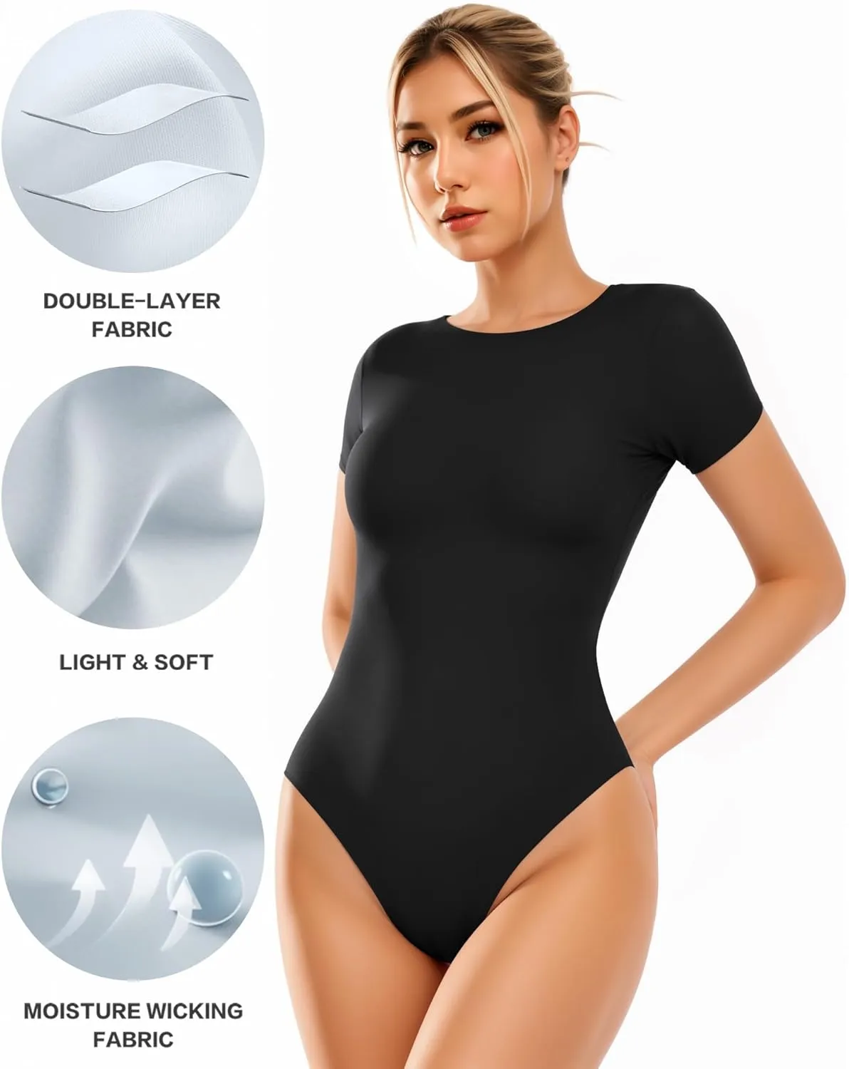 ALGALAROUND Double Lined Short Sleeve Bodysuit for Women Basic T Shirts Body Suits