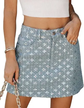 CHARTOU Women's Summer High Waist Shimmer Sequins Denim Jean Mini Pencil Skirt