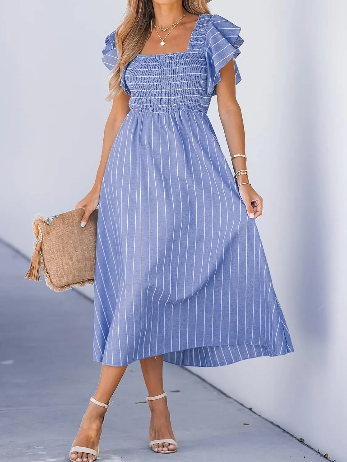 CUPSHE Women's Summer Dress Square Neck Striped Smocked Dress Ruffled Cap Sleeves Dress A Line Maxi Formal Dress