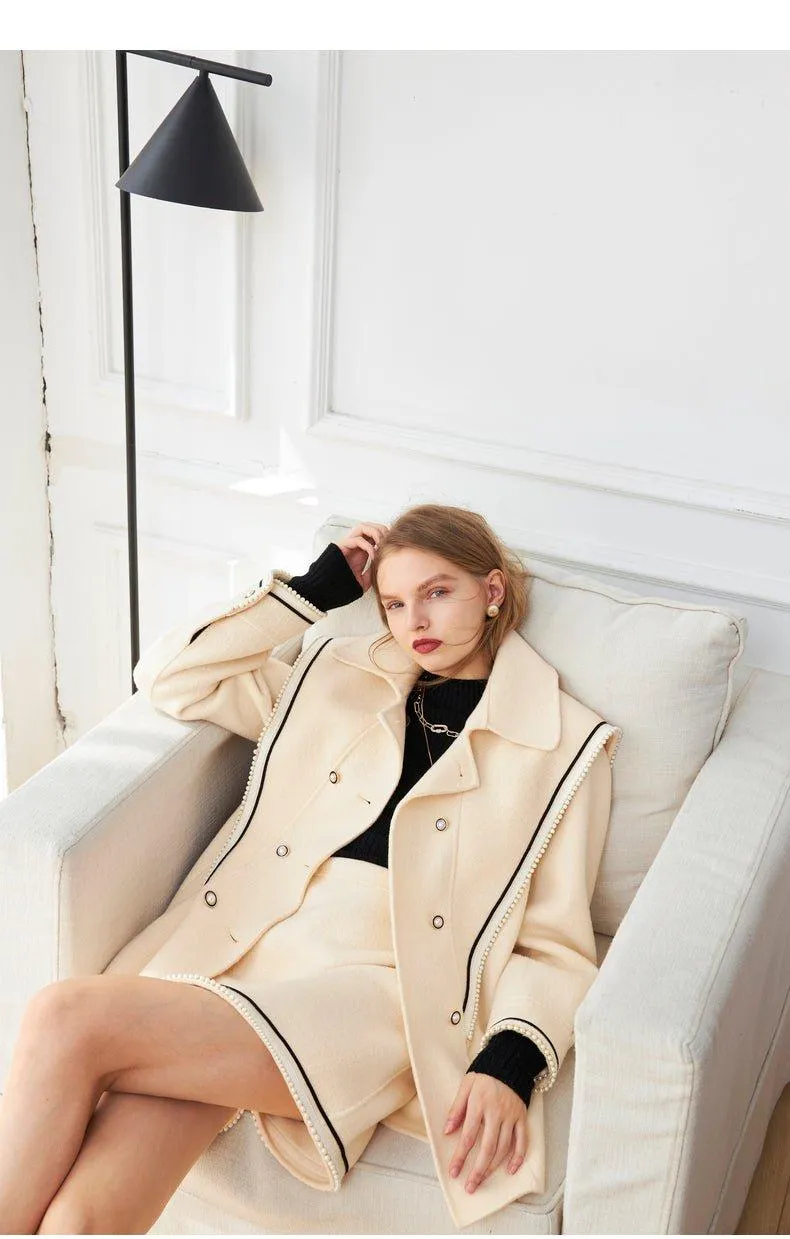 DPLAY fall Winter Beige Pearl Navy Collar Double Sided Woolen Long Coat - Tio