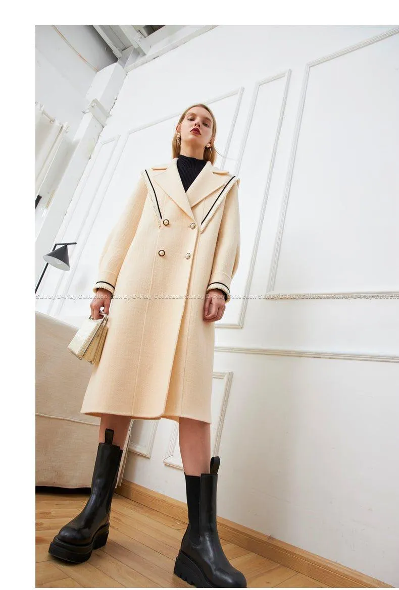 DPLAY fall Winter Beige Pearl Navy Collar Double Sided Woolen Long Coat - Tio