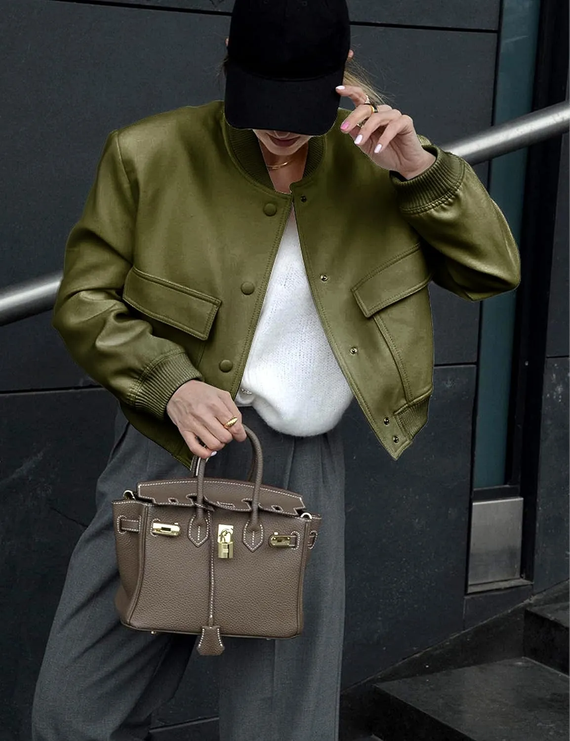 Faleave Women's Cropped Bomber Jacket Casual Street Button Down Varsity Jacket with Two Big Pockets