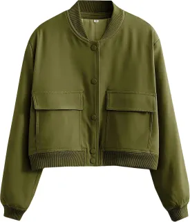 Faleave Women's Cropped Bomber Jacket Casual Street Button Down Varsity Jacket with Two Big Pockets