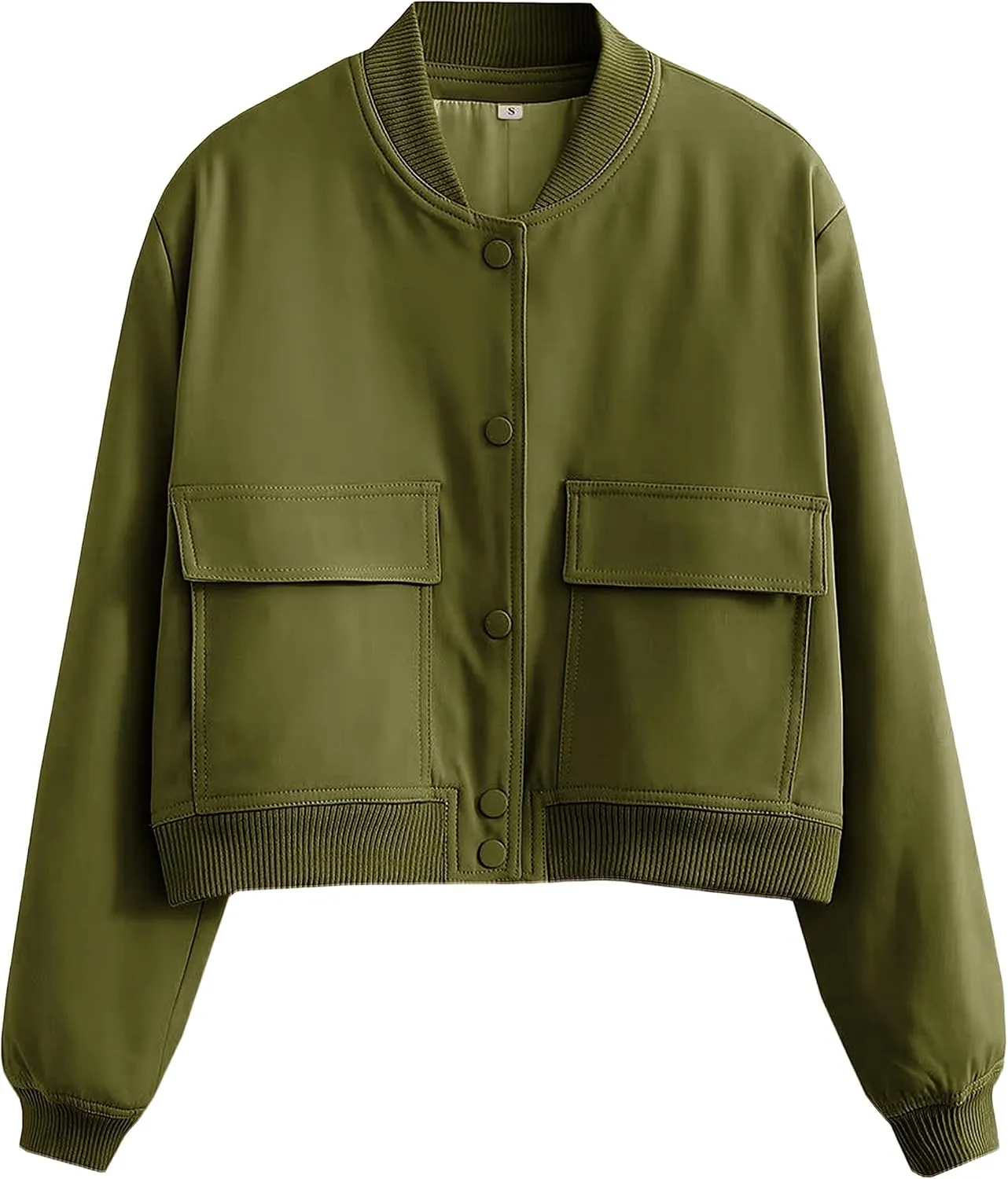 Faleave Women's Cropped Bomber Jacket Casual Street Button Down Varsity Jacket with Two Big Pockets