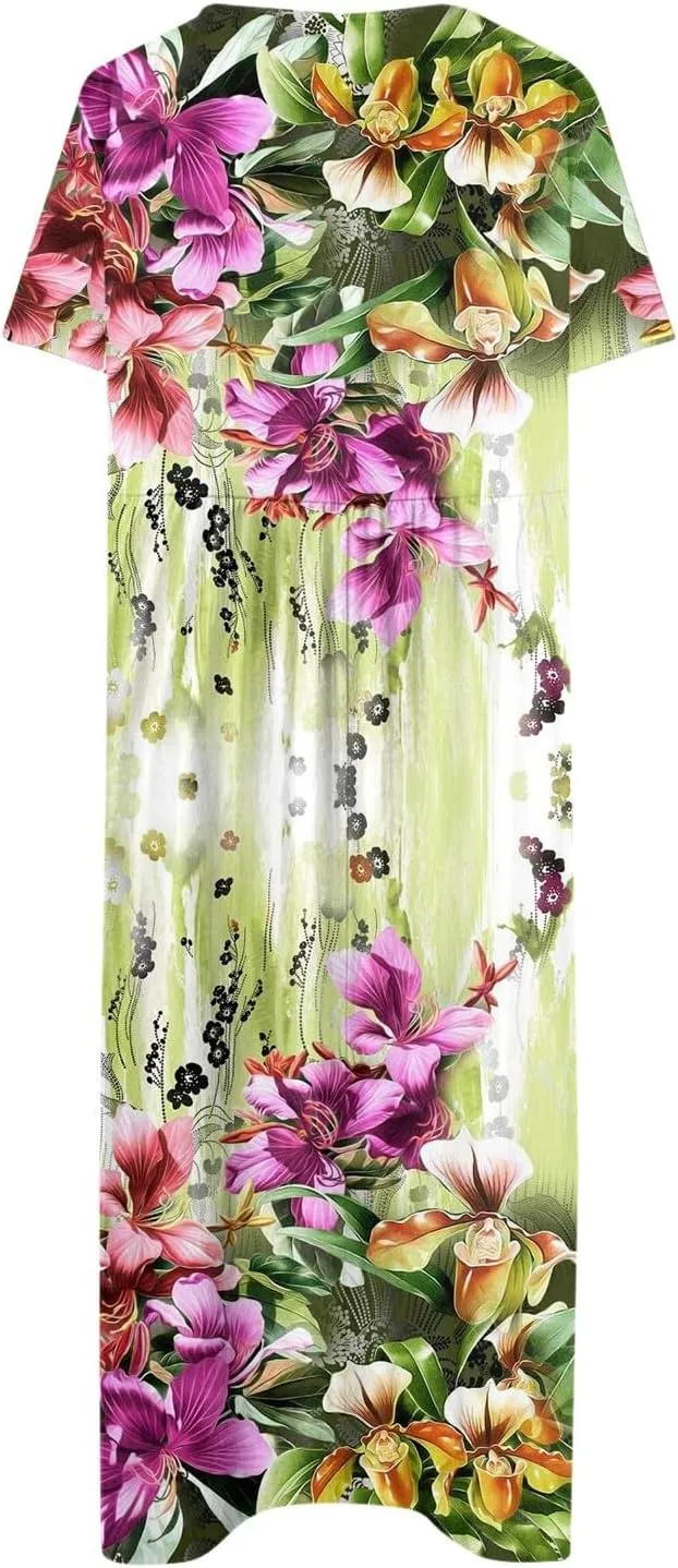 FlekmanArt Women's 2025 Summer Maxi Dress, Pocket Printed, Pleated Round Neck, Short Sleeve, Casual, Long Dress
