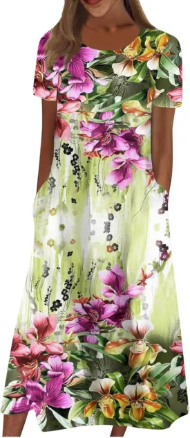 FlekmanArt Women's 2025 Summer Maxi Dress, Pocket Printed, Pleated Round Neck, Short Sleeve, Casual, Long Dress