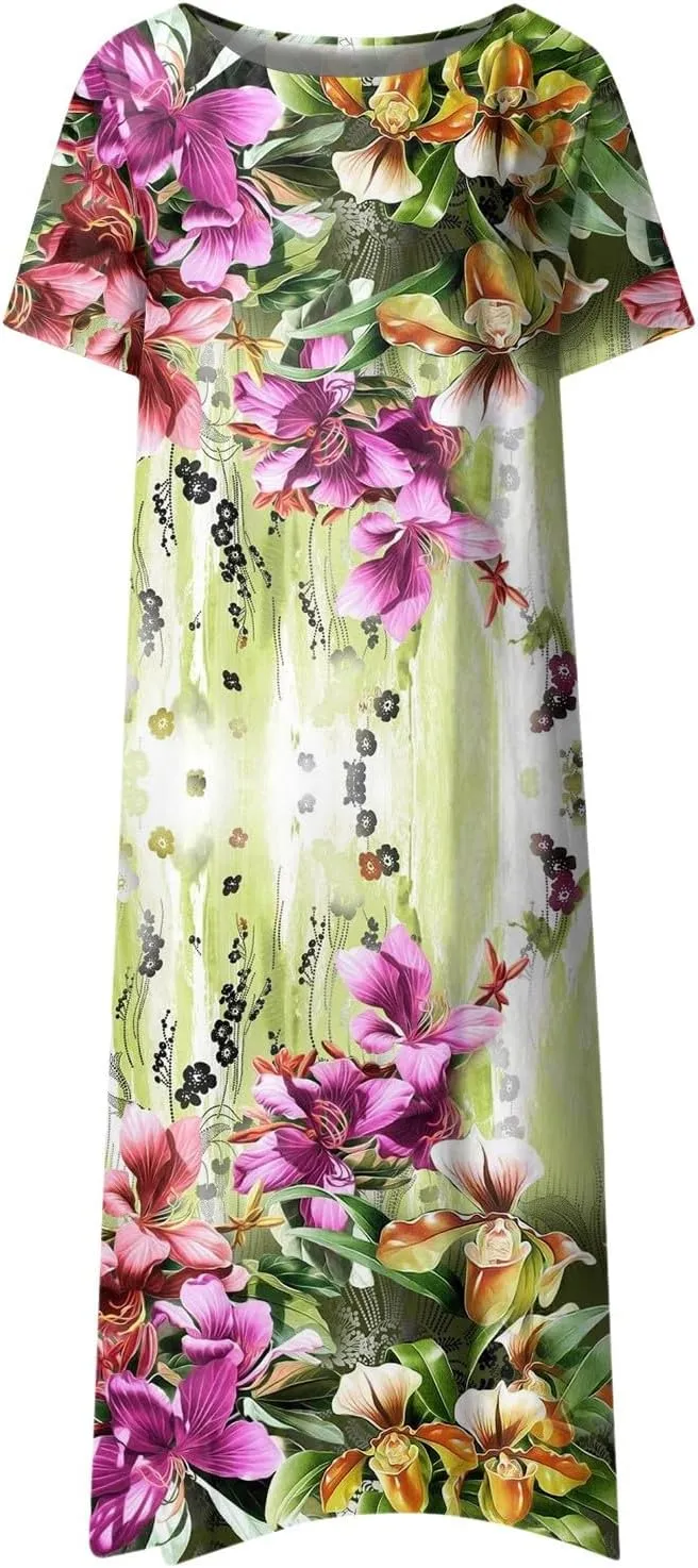 FlekmanArt Women's 2025 Summer Maxi Dress, Pocket Printed, Pleated Round Neck, Short Sleeve, Casual, Long Dress