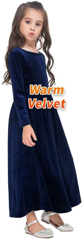 Girls Maxi Velvet Dress with Pockets Long Sleeve Casual Dress Party Dress for Evening Gown Christmas Wedding Holiday