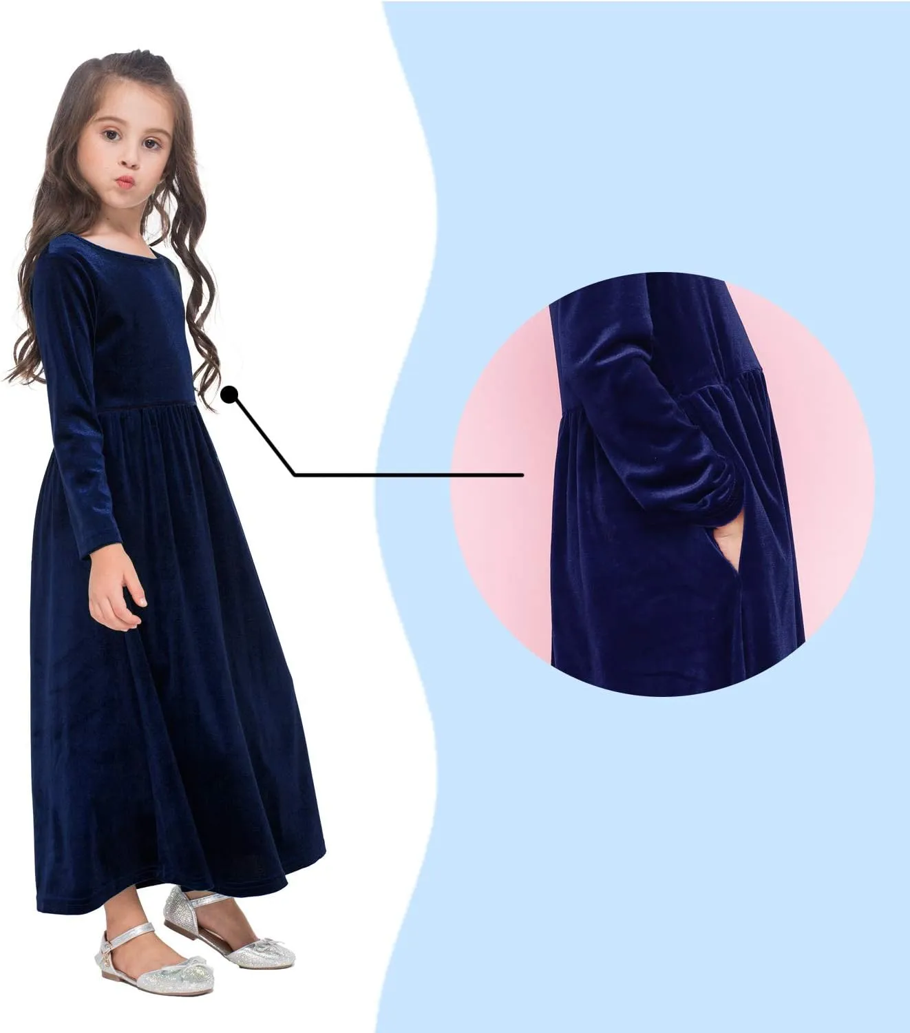 Girls Maxi Velvet Dress with Pockets Long Sleeve Casual Dress Party Dress for Evening Gown Christmas Wedding Holiday