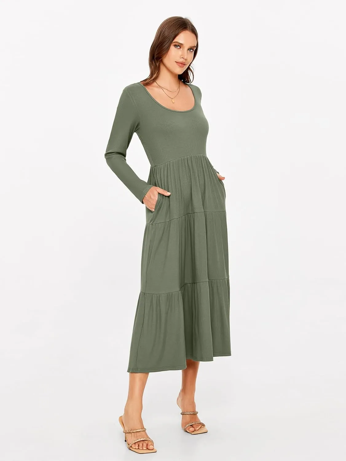 Glamaker Women's Long Sleeve Fall Dress Casual Swing Maxi Dress Tiered Midi Dress with Pockets 2024