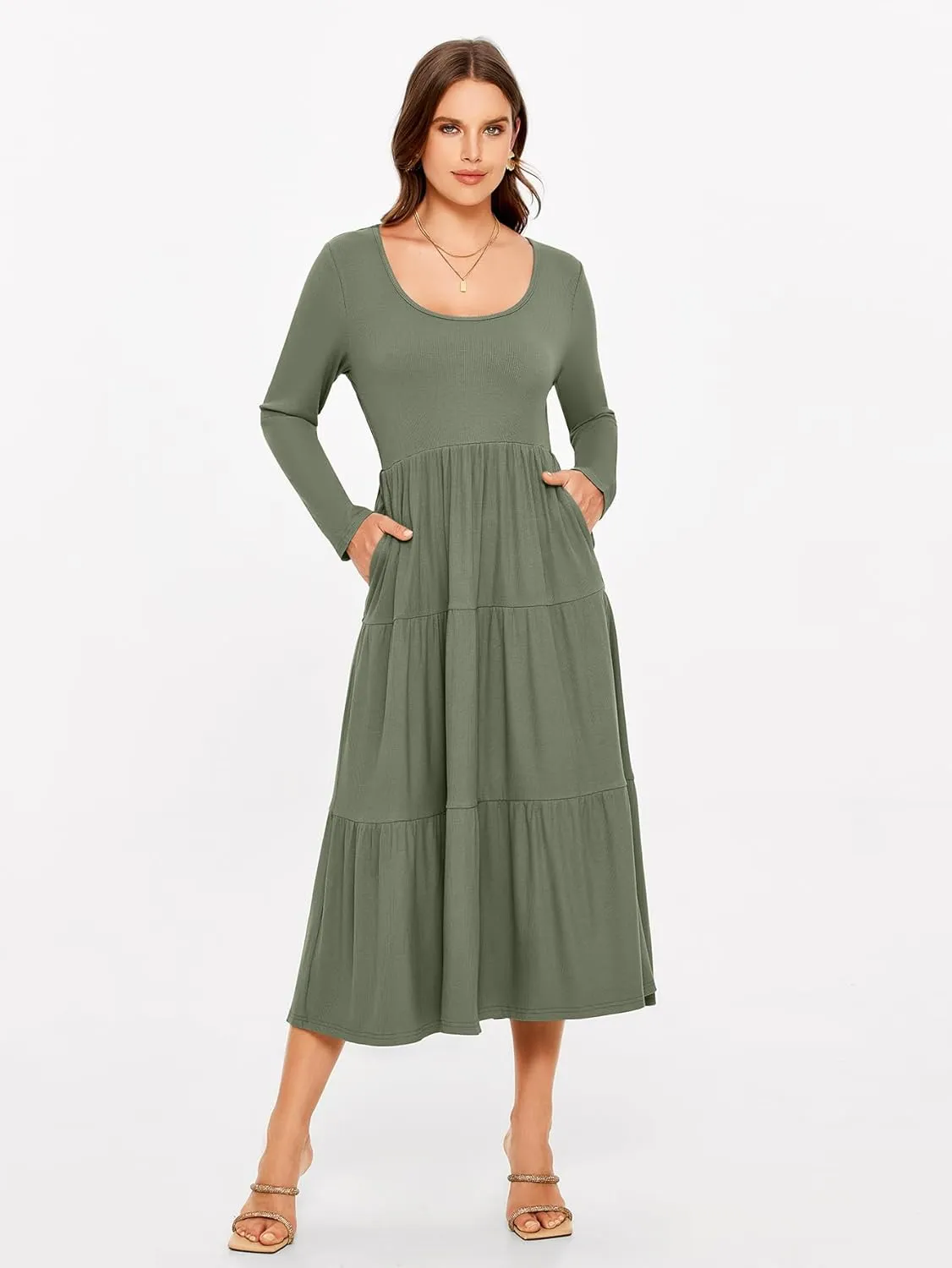 Glamaker Women's Long Sleeve Fall Dress Casual Swing Maxi Dress Tiered Midi Dress with Pockets 2024