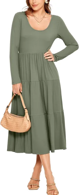 Glamaker Women's Long Sleeve Fall Dress Casual Swing Maxi Dress Tiered Midi Dress with Pockets 2024