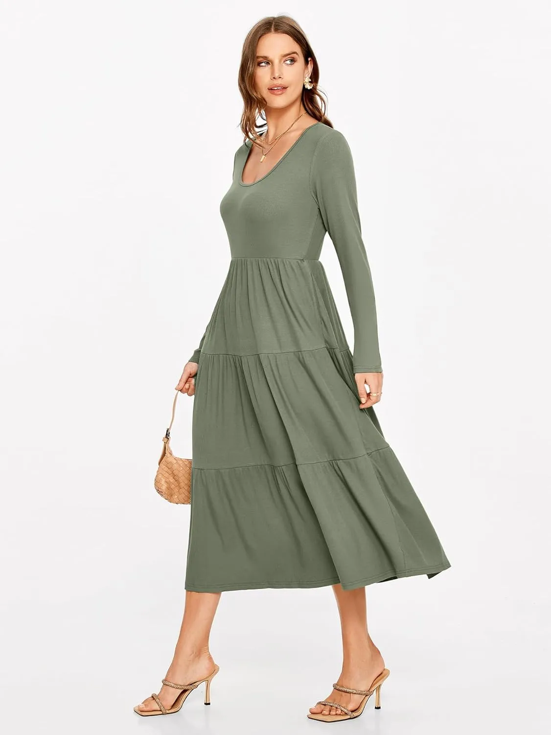 Glamaker Women's Long Sleeve Fall Dress Casual Swing Maxi Dress Tiered Midi Dress with Pockets 2024