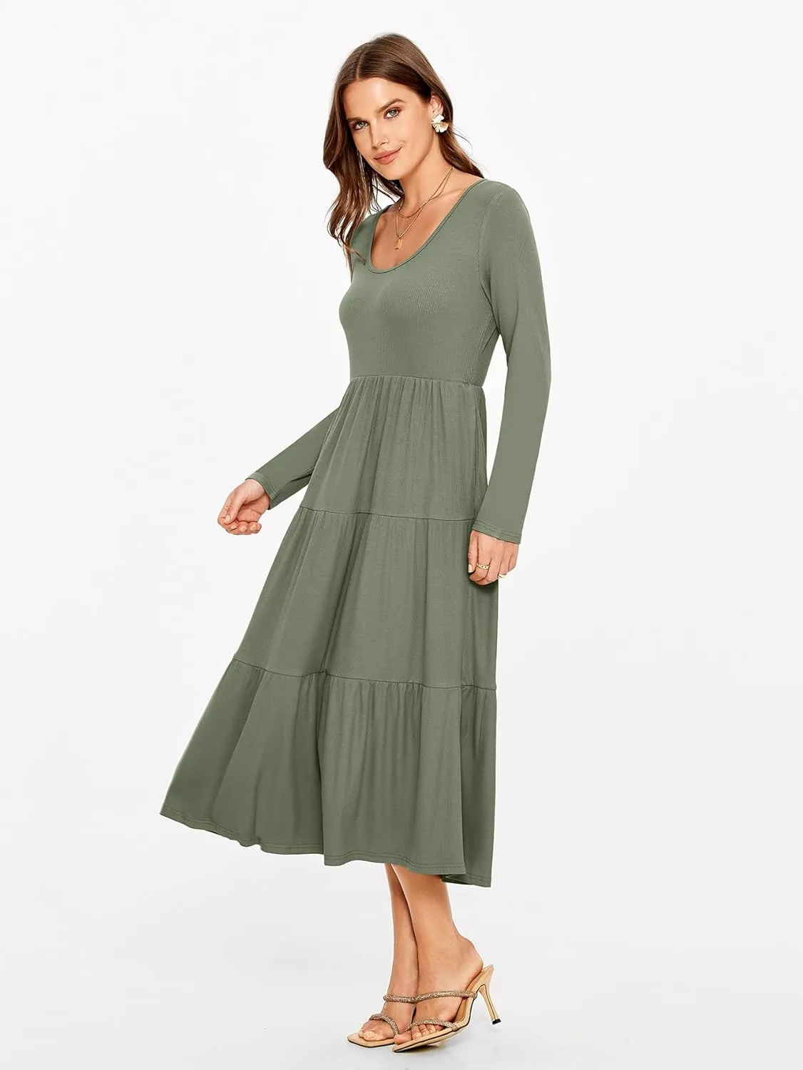 Glamaker Women's Long Sleeve Fall Dress Casual Swing Maxi Dress Tiered Midi Dress with Pockets 2024