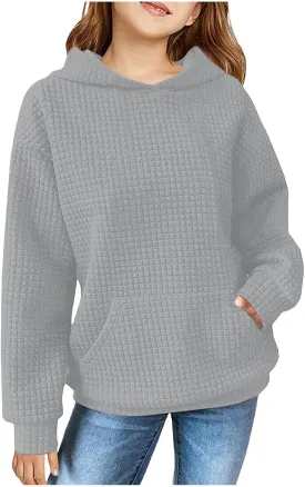Loose Fit Check Solid Hoodies for 3-14 Years Girls Long Sleeves Trendy Polka Dots Sweatshirts Pullover with Pocket