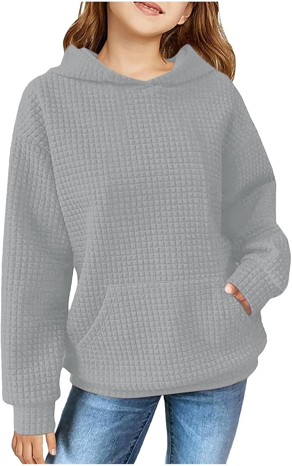 Loose Fit Check Solid Hoodies for 3-14 Years Girls Long Sleeves Trendy Polka Dots Sweatshirts Pullover with Pocket