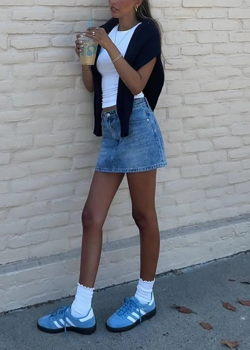 Luckinbaby Women Blue Denim Skirt Y2k Casual Low Waist Mini Jean Skirt Stretch Bodycon Low Rise Cargo Skirt with Pockets