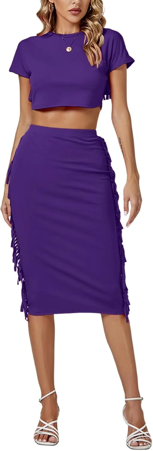 LYANER Women's 2 Piece Outfits Crew Neck Fringe Short Sleeve Crop Top and Tassel Trim Bodycon Midi Skirt Set