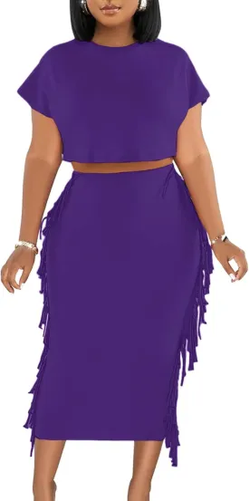 LYANER Women's 2 Piece Outfits Crew Neck Fringe Short Sleeve Crop Top and Tassel Trim Bodycon Midi Skirt Set