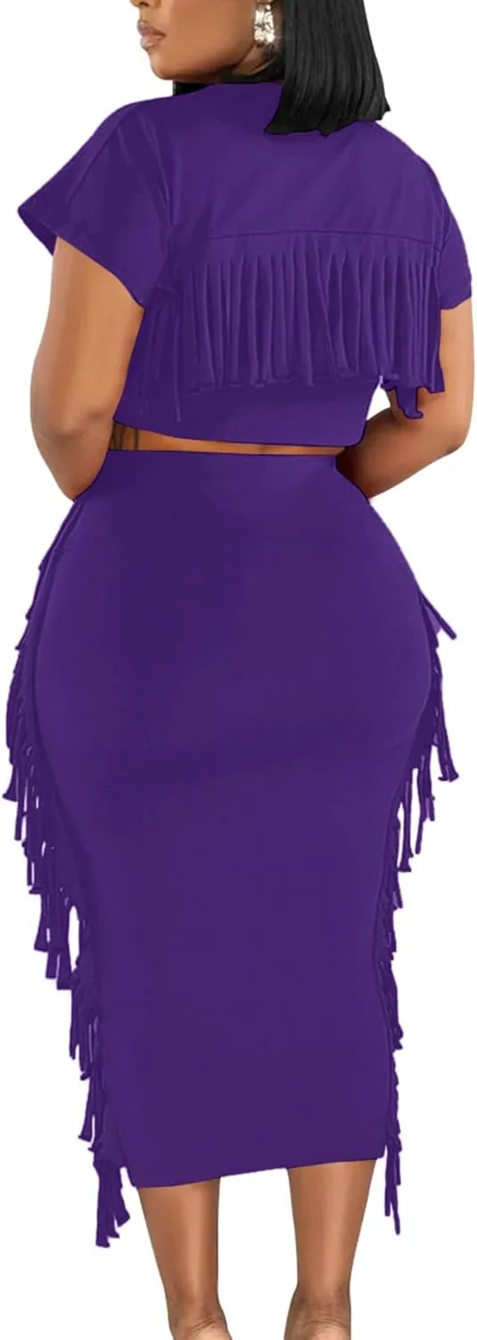 LYANER Women's 2 Piece Outfits Crew Neck Fringe Short Sleeve Crop Top and Tassel Trim Bodycon Midi Skirt Set