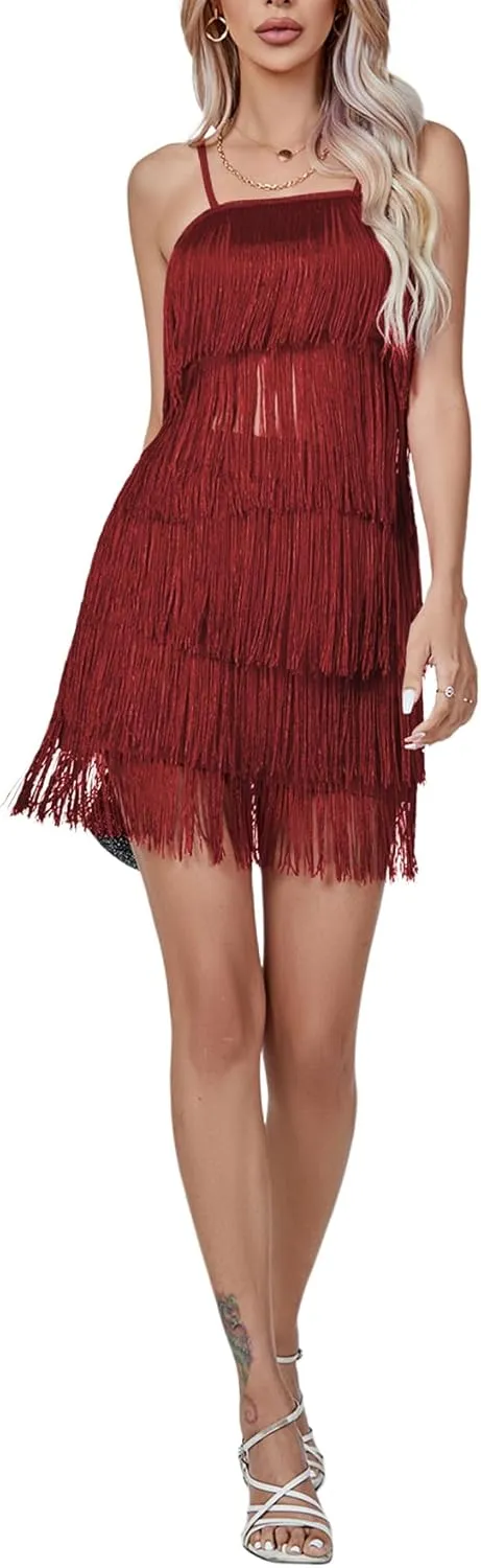 LYANER Women's Sexy Two Piece Outfit Fringe Sleeveless Cami and Short Skirt Sets