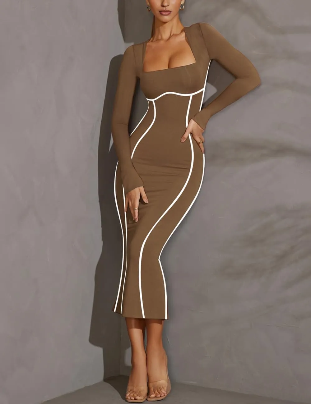 MAYFASEY Women's Square Neck Long Sleeve Dress Contrast Binding Cocktail Party Club Long Dress Back Slit Maxi Dress