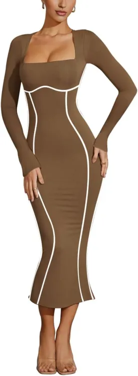 MAYFASEY Women's Square Neck Long Sleeve Dress Contrast Binding Cocktail Party Club Long Dress Back Slit Maxi Dress