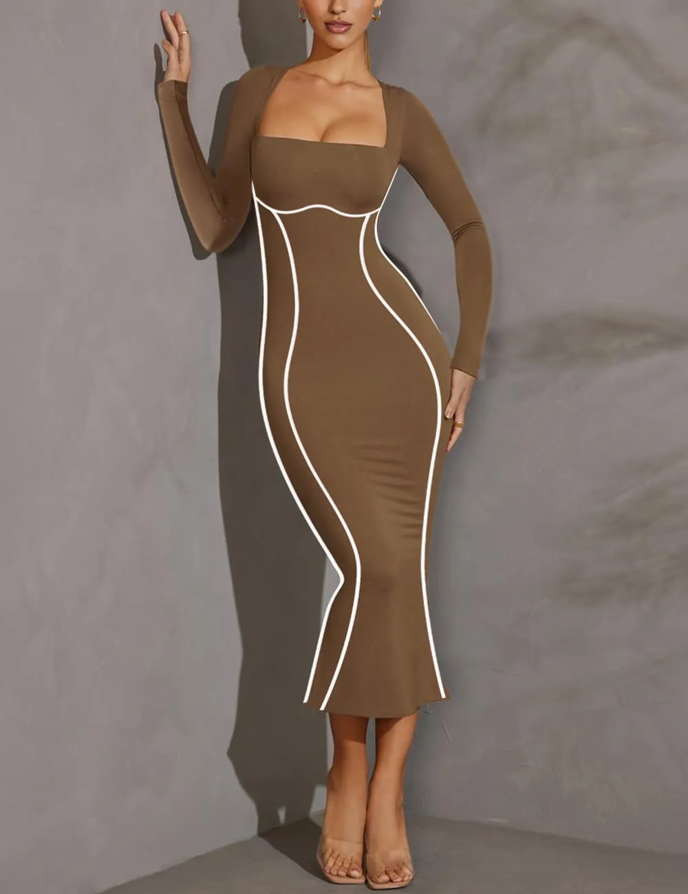 MAYFASEY Women's Square Neck Long Sleeve Dress Contrast Binding Cocktail Party Club Long Dress Back Slit Maxi Dress