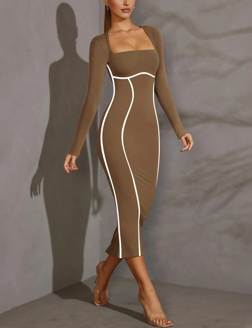 MAYFASEY Women's Square Neck Long Sleeve Dress Contrast Binding Cocktail Party Club Long Dress Back Slit Maxi Dress