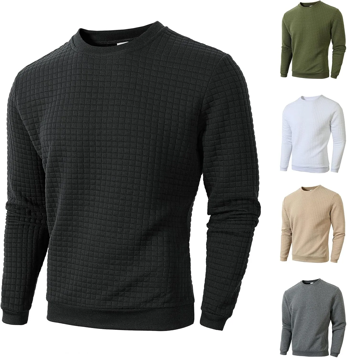 Mens Crewneck Pullover Sweatshirt Waffle Textured Long Sleeve Knitted Sweatshirts for Men