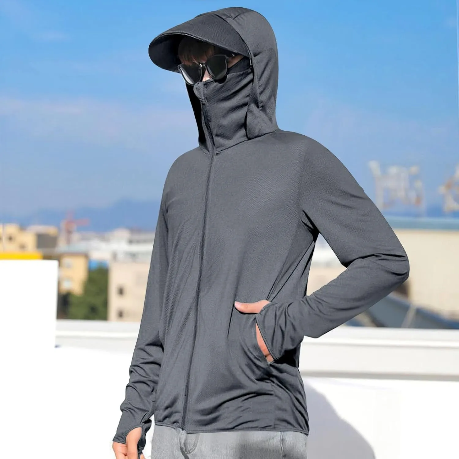 Men's UPF 50  Lightweight Jacket Full Zip Sun Protection Hoodie Long Sleeve Hiking Fishing Sun Shirts with Pockets