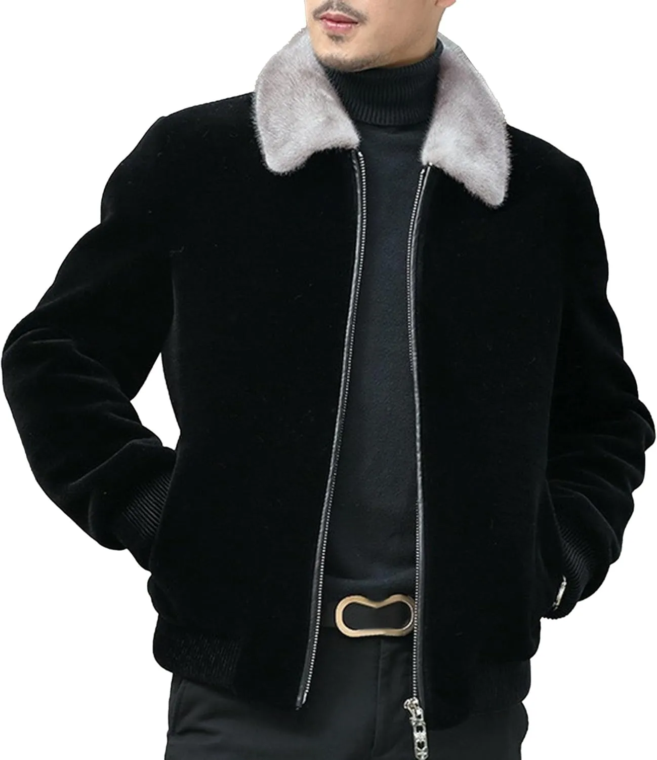 Men's Vintage Suede Zip Up Jacket Winter Lapel Warm Fleece Coat Solid Shearling Collar Plush Jacket with Pocket