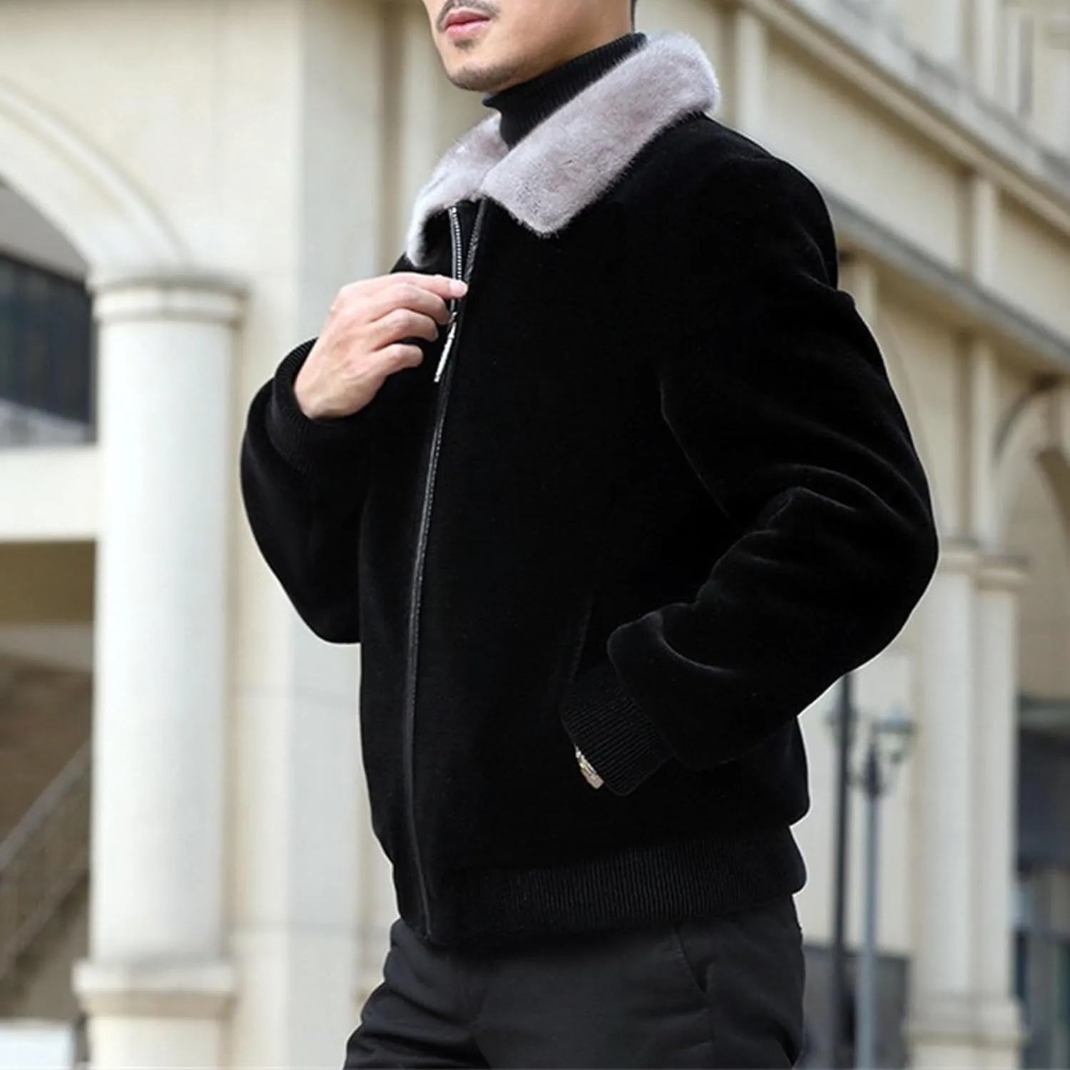 Men's Vintage Suede Zip Up Jacket Winter Lapel Warm Fleece Coat Solid Shearling Collar Plush Jacket with Pocket