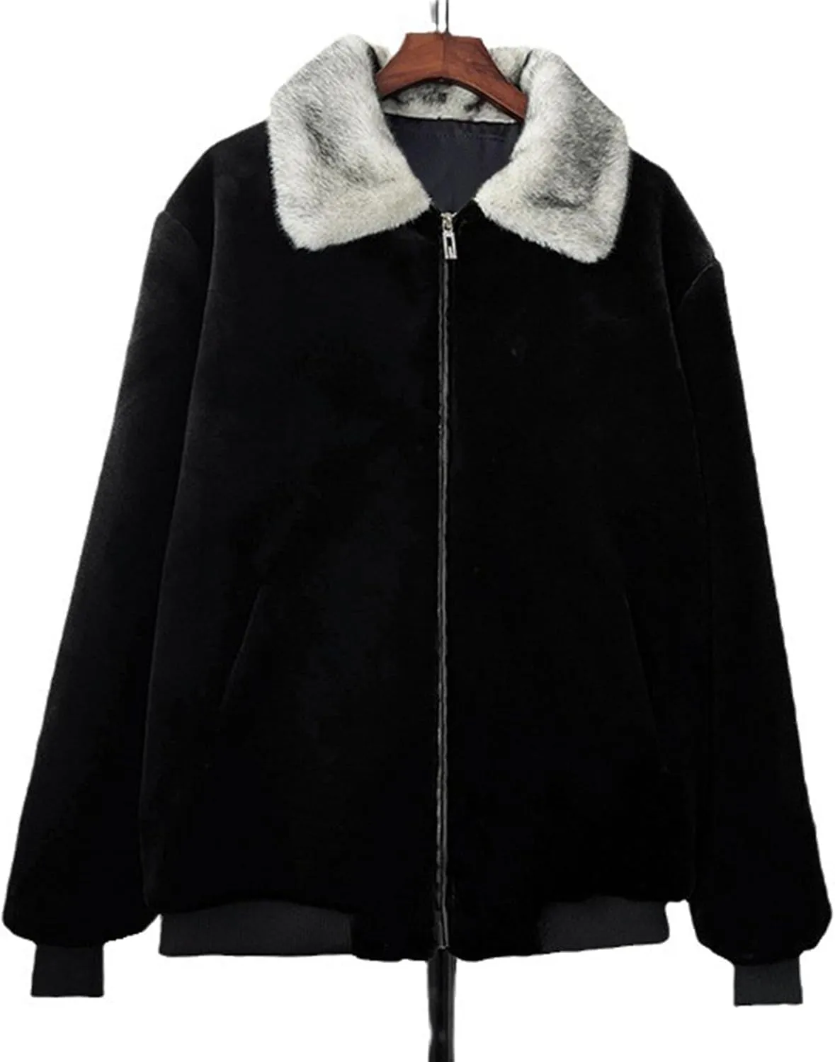 Men's Vintage Suede Zip Up Jacket Winter Lapel Warm Fleece Coat Solid Shearling Collar Plush Jacket with Pocket
