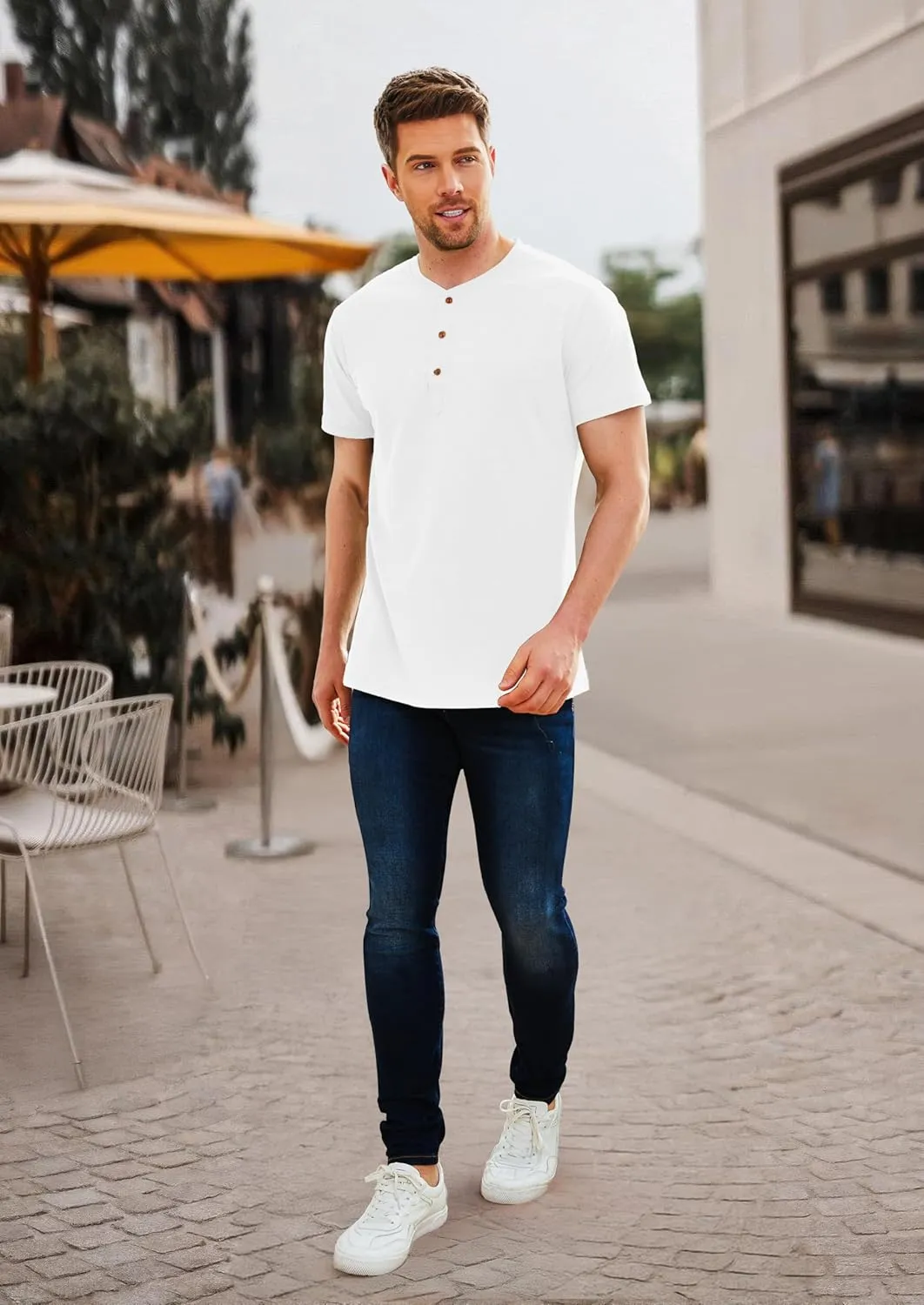 PEGENO Men's Fashion Casual Front Placket Short Sleeve Henley T-Shirts Cotton Shirts