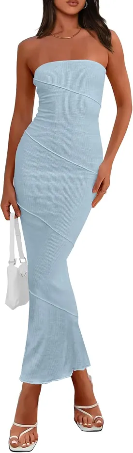 PRETTYGARDEN Women's Ribbed Maxi Bodycon Dress Summer Strapless Tube Y2K Party Club Long Dresses
