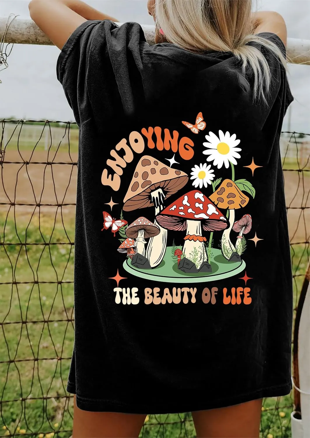 Remidoo Women's Back Graphic Oversized T Shirt Short Sleeve Tee Crewneck Casual Top