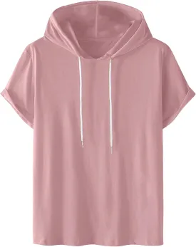 Short Sleeve Hoodies for Men Summer Athletic Loose Fit Stretch Drawstring T Shirt Lightweight Solid Color Pullover