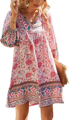 TEMOFON Women's Boho Mini Dress: Summer Floral 3/4 Long Sleeve V Neck Flowy Loose Casual Beach Dresses