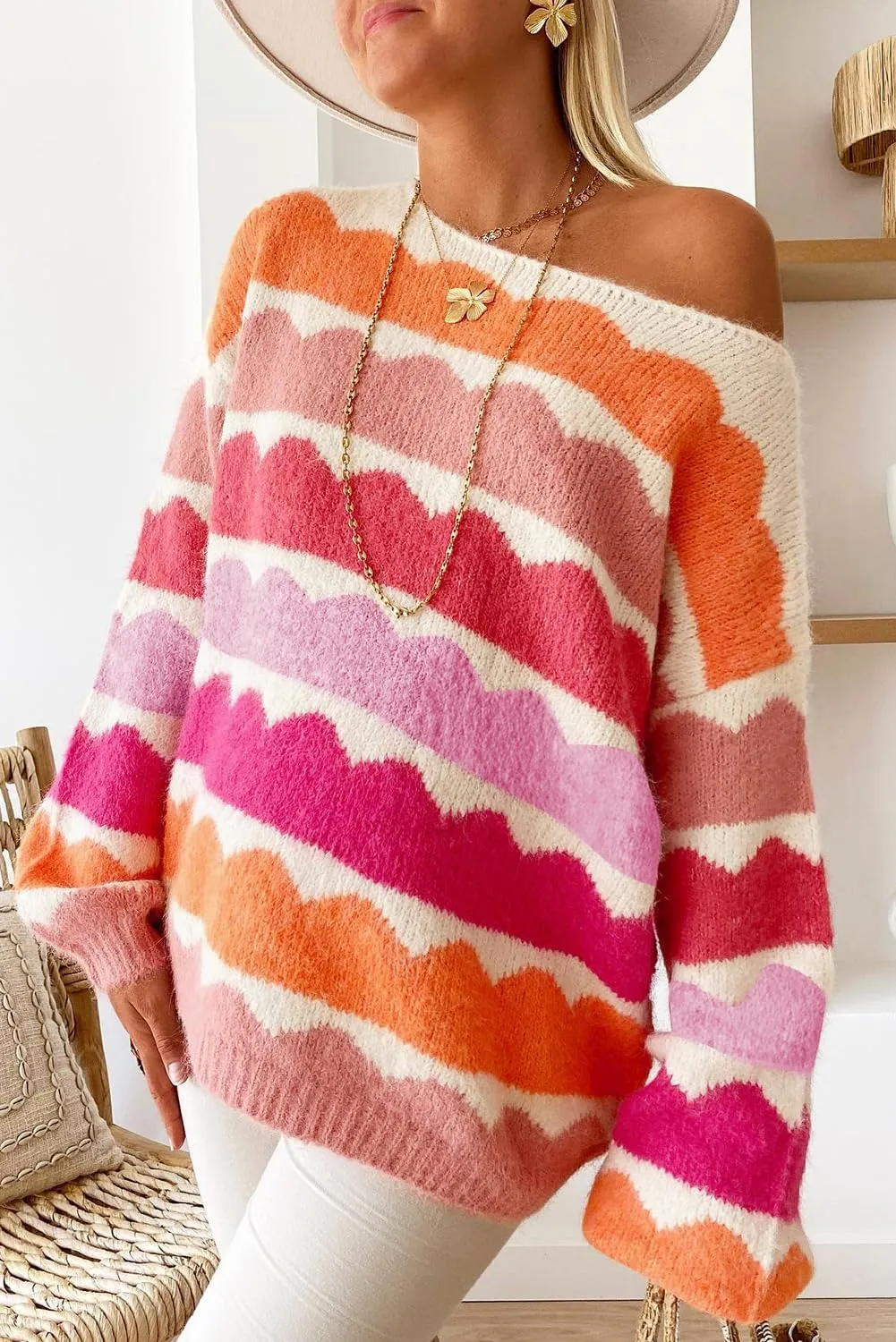 Urchics Womens Fall Long Sleeve Knit Sweater Oversized Drop Shoulder Striped Color Block Winter Pullover Sweater Tops