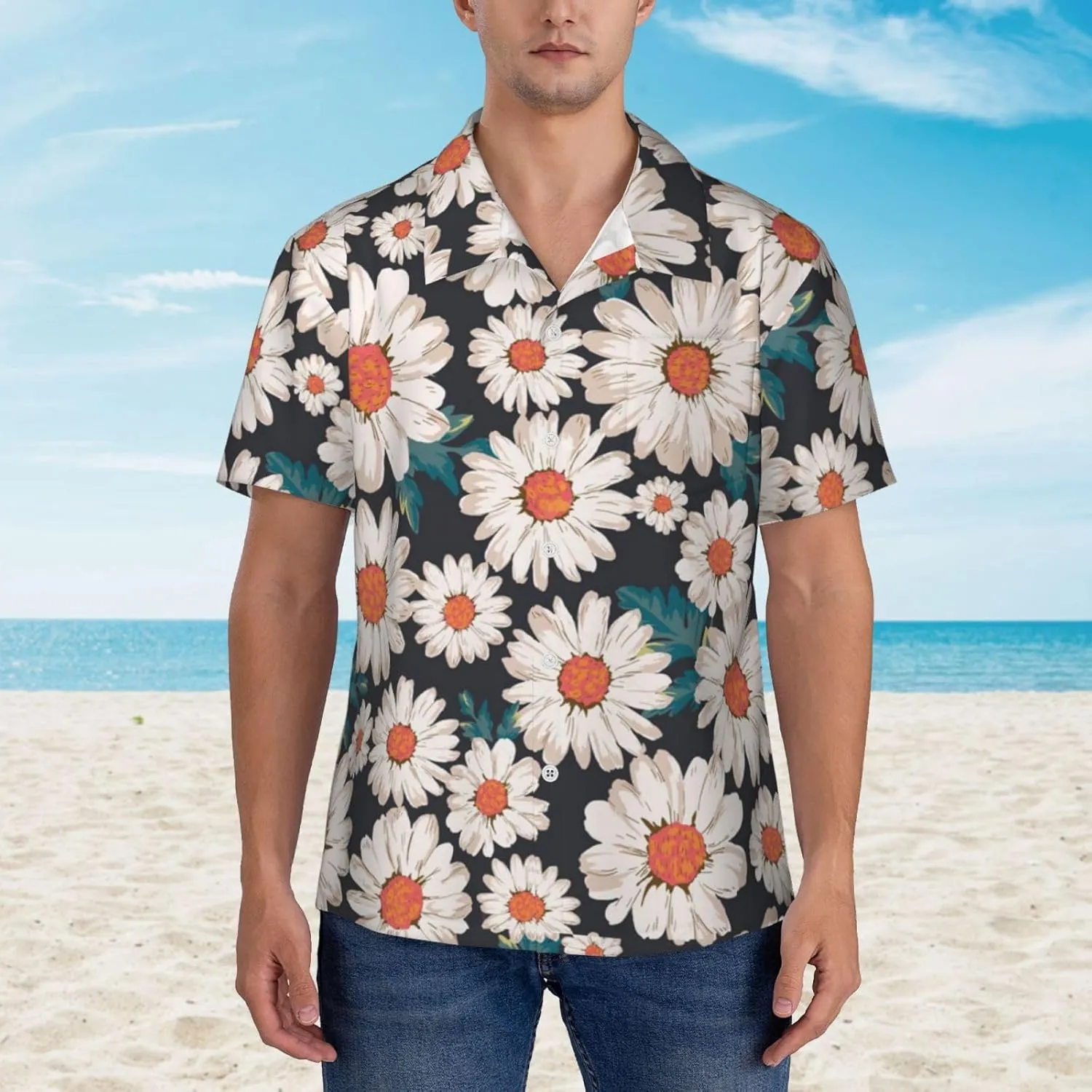 Vintage Sunflower Black Background Mens Hawaiian Shirt Short Sleeve Casual Button Up Tropical Summer Beach Shirt