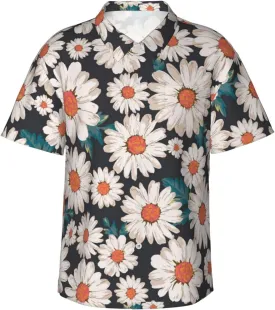 Vintage Sunflower Black Background Mens Hawaiian Shirt Short Sleeve Casual Button Up Tropical Summer Beach Shirt