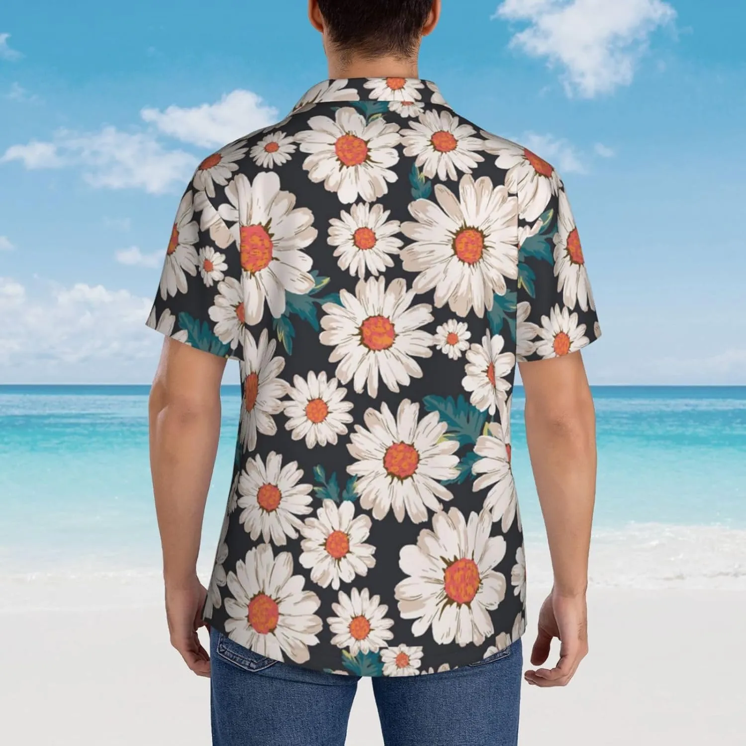 Vintage Sunflower Black Background Mens Hawaiian Shirt Short Sleeve Casual Button Up Tropical Summer Beach Shirt
