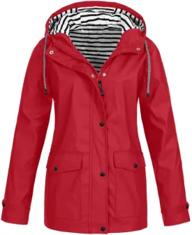 Windbreaker Jacket Women Plus Size Button Down Waterproof Raincoat With Hood Outdoor Travel Hiking Long Trench Coat