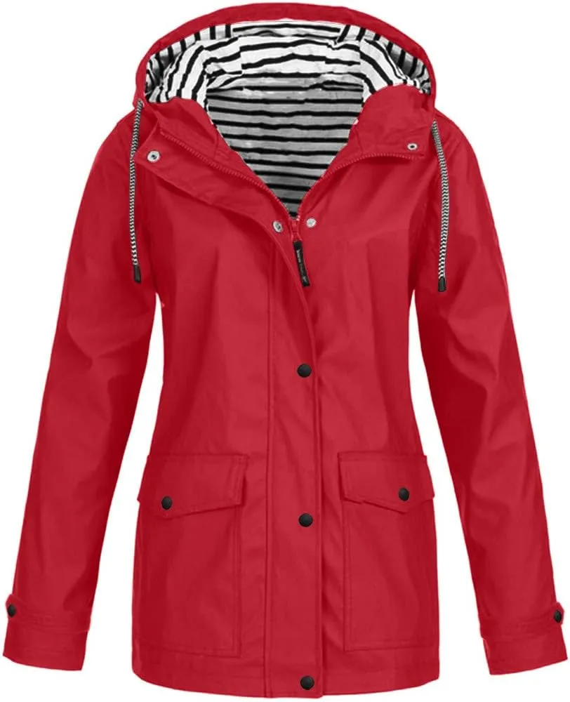 Windbreaker Jacket Women Plus Size Button Down Waterproof Raincoat With Hood Outdoor Travel Hiking Long Trench Coat