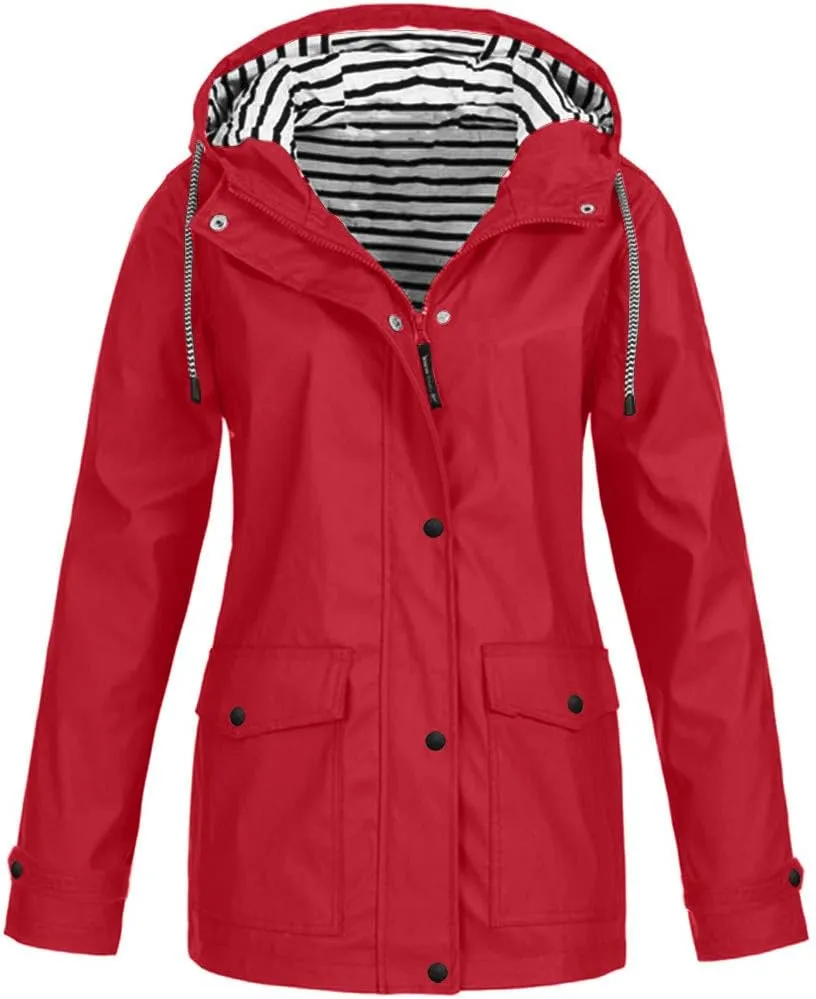 Windbreaker Jacket Women Plus Size Button Down Waterproof Raincoat With Hood Outdoor Travel Hiking Long Trench Coat