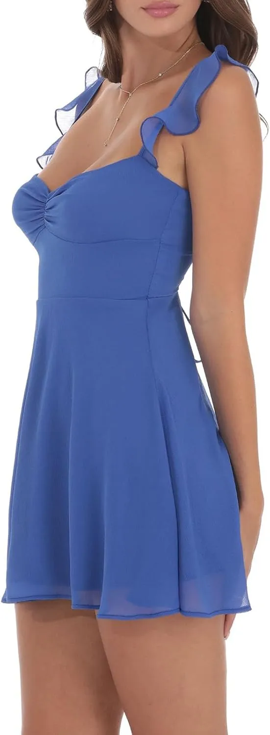Women Fairy Lace Mini Cami Dress Y2k Sleeveless Ruffle Solid Dress Backless Smocked Waist Mesh Dress