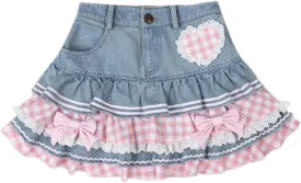 Women Layered Mini Denim Skirt Bow Lace Heart Plaid Ruffle Y2K Jean Skirt Preppy E Girl Cute Sweet Lolita Style with Pocket